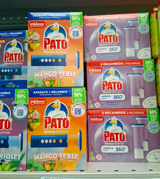 DENIA, SPAIN - December 10, 2025.Display of Pato Discos Activos Mango Verse limited edition toilet cleaning gels on supermarket shelves in Spain
