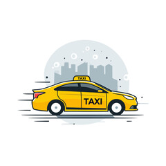 Obraz premium A cartoon yellow vehicle is driving quickly in a city, with a city in the background