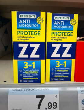 DENIA, SPAIN - December 10, 2025.Boxes of ZZ Repelente Anti Mosquitos on supermarket shelves in Spain during shopping hours