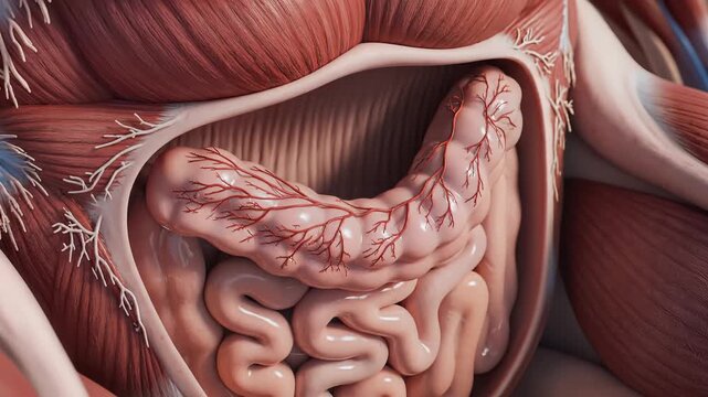 Detailed 3D Anatomy Model of Human Abdominal Organs and Muscles.
