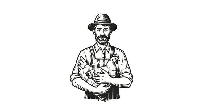 Male Farmer Holding a Chicken in Vintage Woodcut Engraving Style, Vector Illustration for Agriculture and Poultry Farm Logo