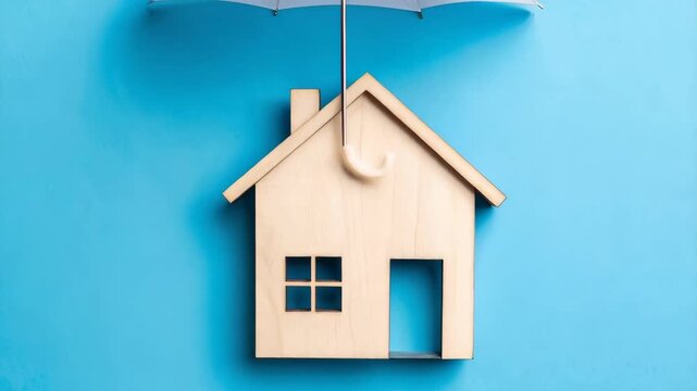 Wooden house model protected by white umbrella on blue background, illustrating property insurance and home security concept