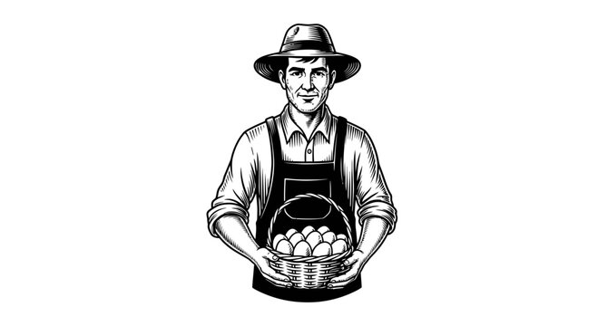 Vintage Woodcut Illustration of a Male Farmer Holding a Basket of Fresh Eggs