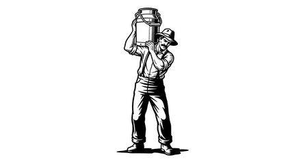 Fototapeta premium Vintage Woodcut Style Illustration of a Farmer Carrying a Large Milk Churn on His Shoulder