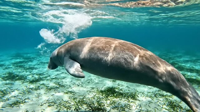 Rare Dugong Surfaces in Shallow Turquoise Waters