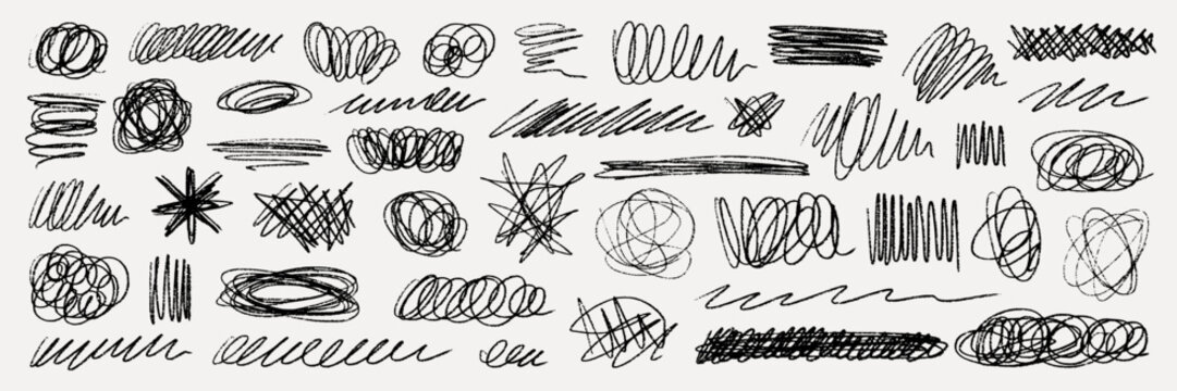Pen scribble doodle and scratch squiggle lines, Messy pencil random shapes in sketch style. Underlines and strokes with grunge texture. Hand drawn vector illustration