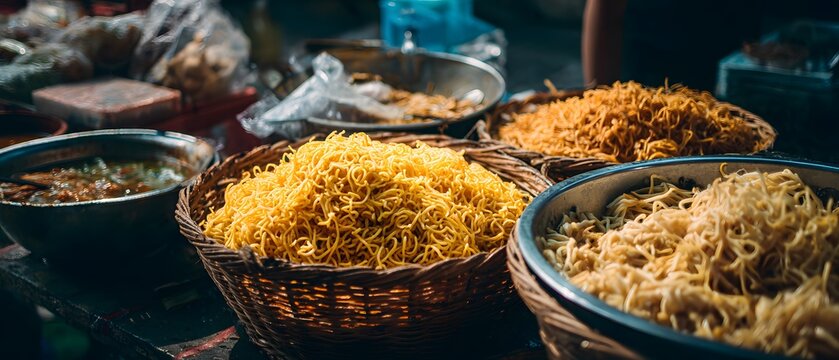 Sweltering Bangkok street steaming basket of fragrant Khao Soi curry tantalize sens perfect blend of creamy coconut milk crunchy fried noodle clean professional stock photo sharp macro photography