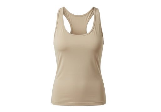 Beige sleeveless racerback tank top with thin straps and cutouts