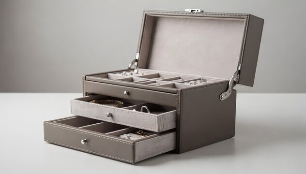 Medium shot of a multilevel leather jewelry box featuring layered compartments a sophisticated hinge system and smooth suede interior for versatile accessory organization.