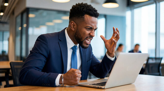 frustrated businessman shouting at laptop in modern office, expressing stress, anger and burnout, work pressure, technical problems, deadline anxiety, corporate mental health concept