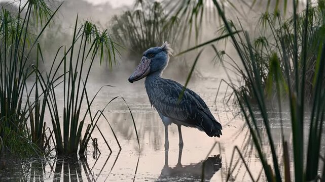 Shoebill Stork Stands Motionless In African Papyrus Marsh