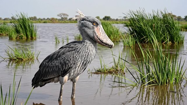 Shoebill Stork Standing Sentiel in Wetland Habitat