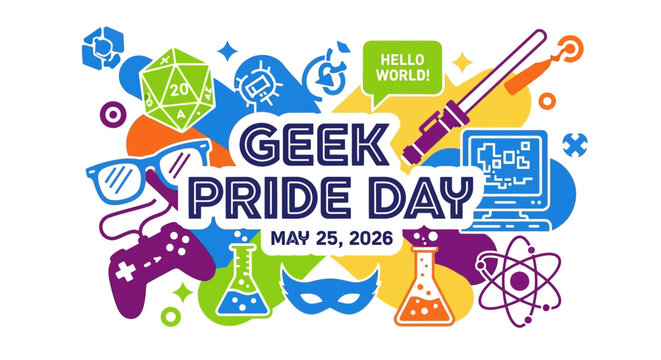 Colorful Geek Pride Day celebration banner with science and tech icons isolated on background