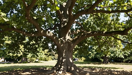 Fototapeta premium Majestic oak tree with spreading branches provides shade on a sunny day