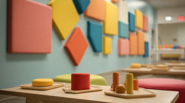 Focused image of brightly colored geometric acoustic panels with speech therapy objects on low tables softly fading into the background in a playful pediatric room.