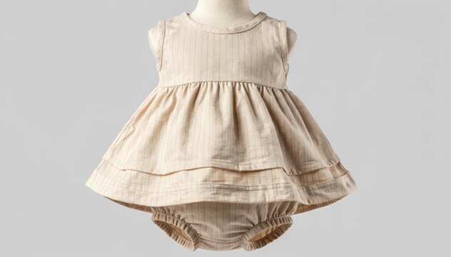 Medium shot focusing on the structure of a lined baby dress and bloomer set emphasizing the clean seams fabric layers and comfortable fit for infants.