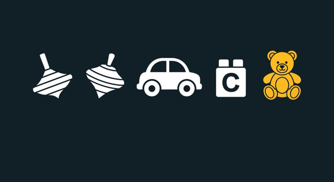 Collection of classic toys including spinning tops, car, block, and teddy bear.