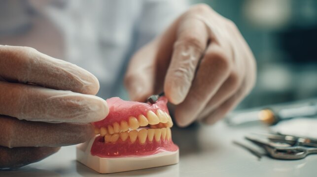 Medium shot of dental technician setting artificial teeth on a partial denture wax model with precise hand movements emphasized.
