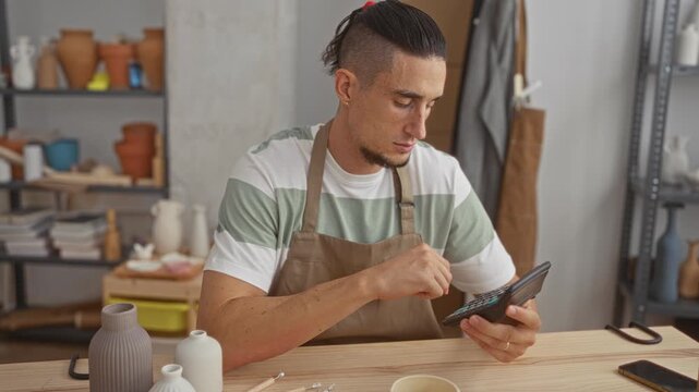 Man potter in apron tapping calculator with right hand at pottery workbench in studio; craft concentration.