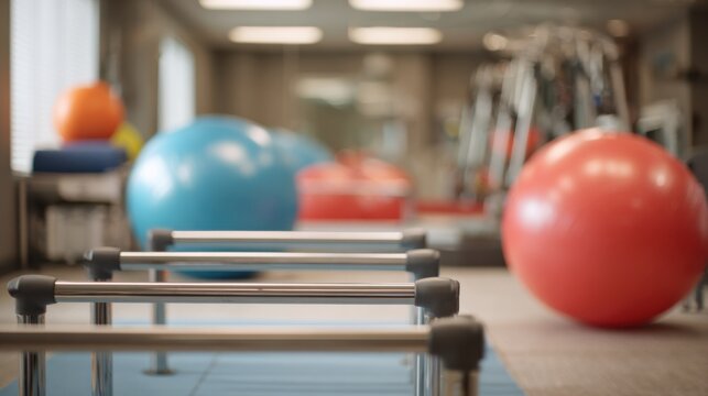 Medium shot showing a small clinics compact rehab area featuring focus on a set of parallel bars with blurred exercise balls and equipment around.