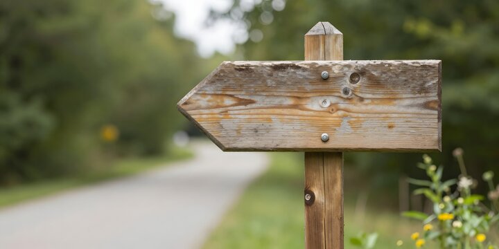Wooden sign on a forest trail indicates the way to go in a specific direction