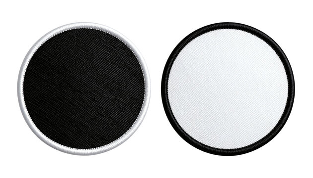 Two blank circular embroidered patches one featuring black fabric with white trim and the other white fabric with black trim&nbsp;&nbsp;
