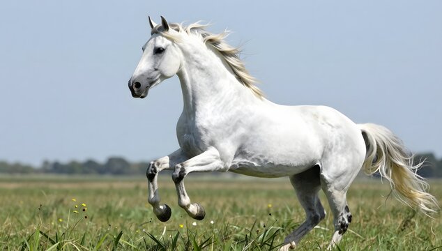 Beautiful white horse running in field with blue sky in background during daytime hours