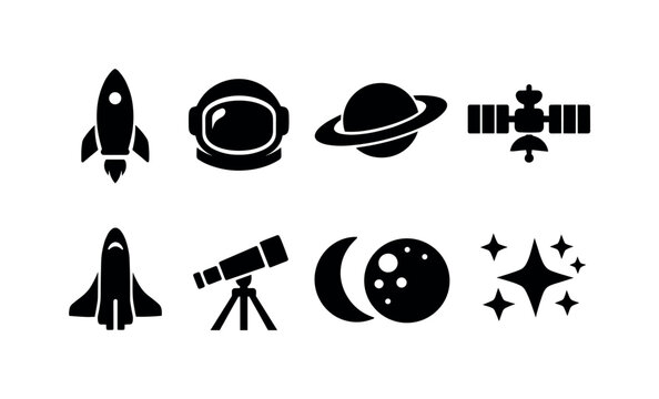 Space exploration: rocket, astronaut helmet, planet with rings, satellite, space shuttle, telescope, moon, star cluster