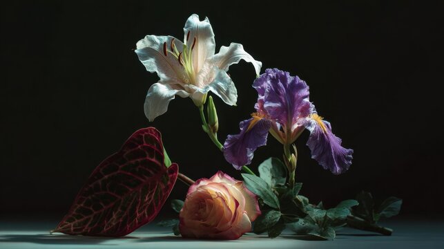Minimalist still life featuring a single lily, a caladium leaf, an iris bloom, and a peace rose arranged with ample negative space against a stark background; high-contrast studio lighting highlights