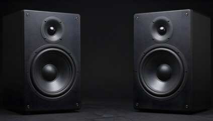 Fototapeta premium Pair of modern speakers sit on dark background, creating a sleek and minimalist aesthetic