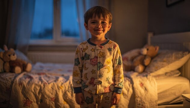 Medium shot of a young boy in footed pajamas with cheerful cartoon designs standing indoors with a soft bedtime ambiance.