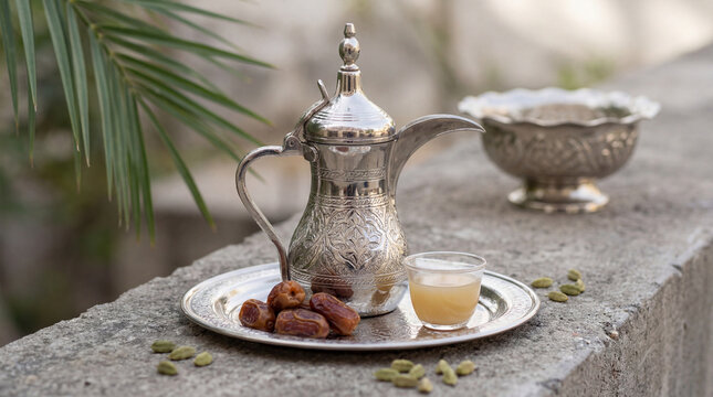 Traditional arabic coffee setup with dates and cardamom on a stone surface outdoors in a garden or patio with palm trees