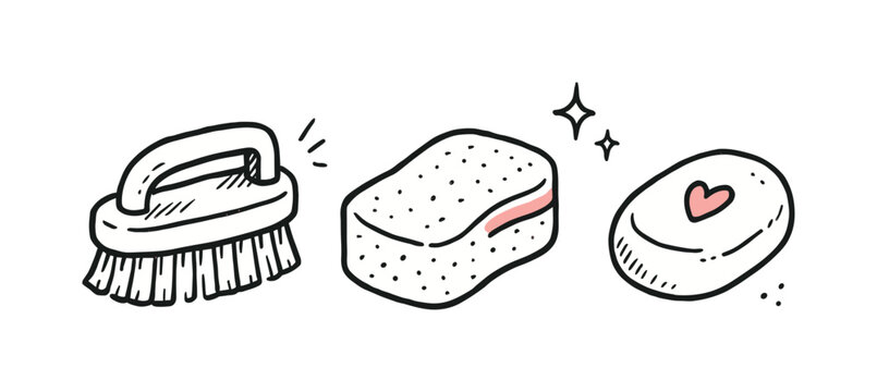 Simple bathroom cleaning theme  a horizontal row of 3 related hand-drawn objects on a white background: a small brush with a tiny red dot on the
