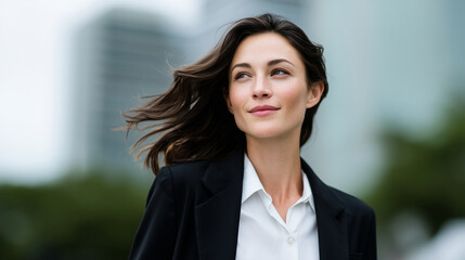 Obraz premium Successful woman in business suit walking in downtown city, confident corporate professional outdoors, modern urban career concept, female leadership portrait, executive lifestyle,