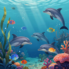 Obraz premium Dolphins swimming joyfully among colorful marine life in a vibrant underwater scene