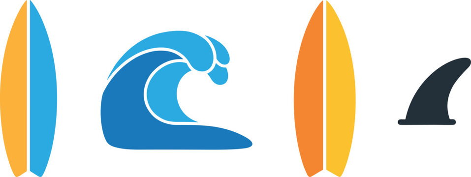 A collection of surfboard icons and a fin on a white background