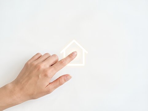 A hand reaches for a glowing house icon on a white background, symbolizing technology and home automation.