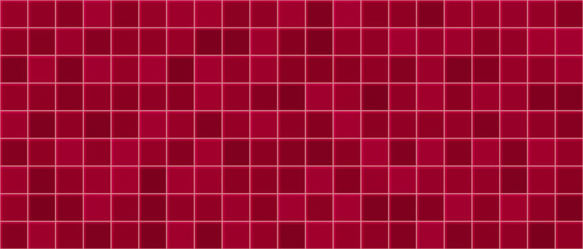 Red ceramic tile, texture for bathroom wall and floor. Square glass mosaic pattern for kitchen backsplash. Maroon seamless background with ceramic tiles, wine-colored texture. Vector illustration