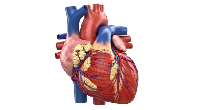 Detailed human heart anatomy, visualizing cardiovascular health, disease progression, and critical support systems, crucial for medical understanding and prevention strategies