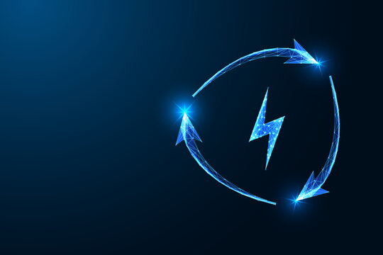 Circular energy flow concept with lightning bolt and rotating arrows symbol on dark blue background
