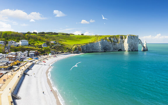 Picturesque panoramic landscape on the cliffs of Etretat. Etretat, Normandy, France