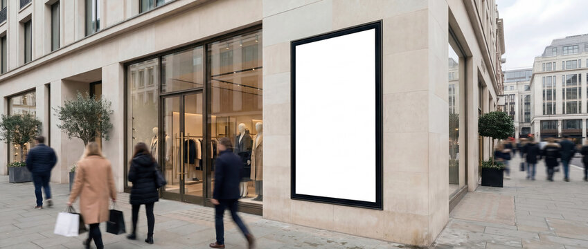 Vertical blank advertising billboard mockup on modern retail store facade corner, outdoor poster display template on city street, shopping mall exterior, luxury fashion, marketing