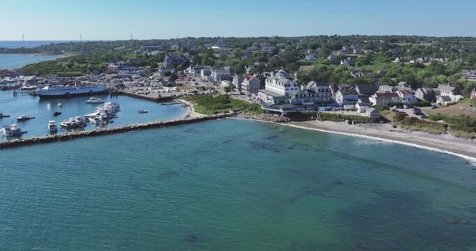New Shoreham, RI, USA - August 8, 2026  Block Island, Rhode Island summer arial video of the breakwater barrier at Old Harbor.