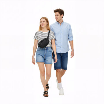 Stride in Sync: A Modern Travel Duo Walks Side-by-Side in Effortless Companionship&mdash;Striped Top, Denim Shorts, and Relaxed Stride Capturing Shared Journey and Casual Adventure in Pristine Studio Isolat