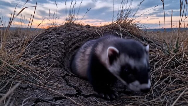 Black-footed Ferret Emerges From Prairie Dog Burrow