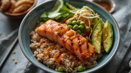 Bowl de salmón a la plancha con arroz, aguacate y verduras frescas