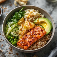 Bowl de salmón a la plancha con arroz, aguacate y verduras frescas