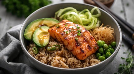 Bowl de salmón con arroz integral, aguacate y verduras estilo fitness