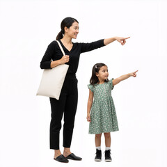 Fototapeta premium Guided Discovery: A Mother and Daughter Point in Synchronized Wonder—She in Modern Black Attire, He in Green Floral Dress—Capturing Intergenerational Curiosity, Mentorship, and Shared Joy in Pristine 