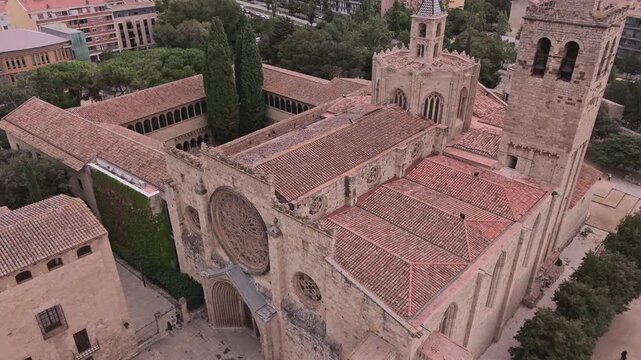 Aerial drone flying over monastery of sant cugat del valles in catalonia